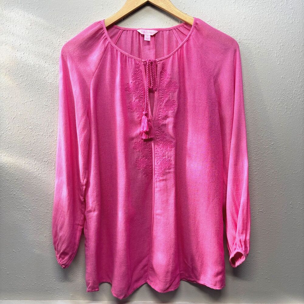 Lilly Pulitzer Women's Pink Embroidered Peasant Blouse – Size S – Boho Tunic Top